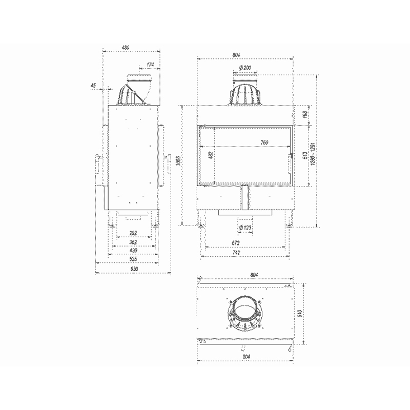 Kratki LUCY 14 T Ενεργειακό Τζάκι Ξύλου Αερόθερμο 14kw Διαμπερές από Χάλυβα με Ανοιγόμενη Πόρτα Επένδυση TERMOTEC Τεχνικό Σχέδιο