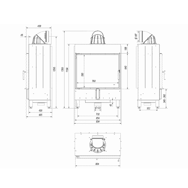 Kratki LUCY 15 BLACK Ενεργειακό Τζάκι Ξύλου Αερόθερμο 15kw Ίσιο από Χάλυβα με Ανοιγόμενη Πόρτα Τεχνικό Σχέδιο