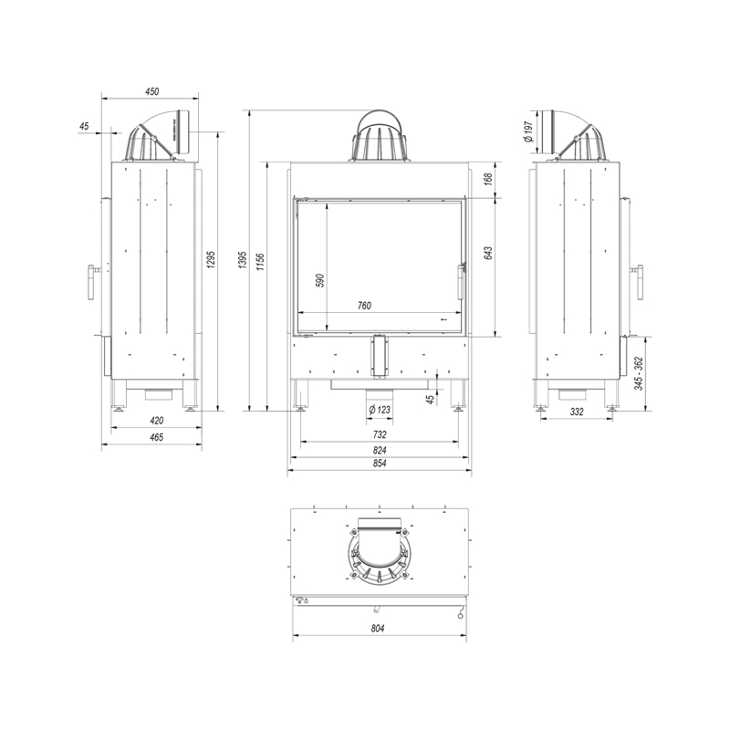 Kratki LUCY 15 Ενεργειακό Τζάκι Ξύλου Αερόθερμο 15kw Ίσιο από Χάλυβα με Ανοιγόμενη Πόρτα Τεχνικό Σχέδιο