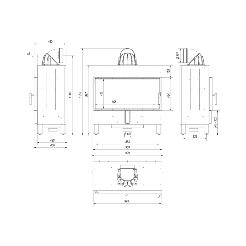 Kratki LUCY 16 Ενεργειακό Τζάκι Ξύλου Αερόθερμο 16kw Ίσιο από Χάλυβα με Ανοιγόμενη Πόρτα Τεχνικό Σχέδιο