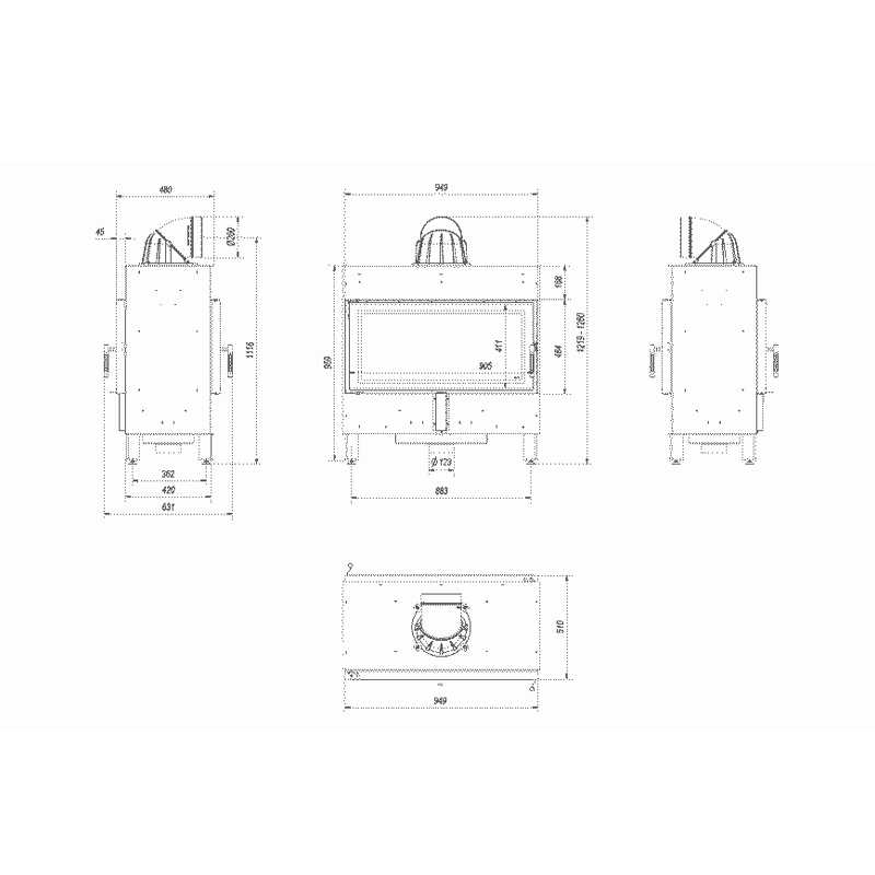 Kratki LUCY 16 T Ενεργειακό Τζάκι Ξύλου Αερόθερμο 16kw Διαμπερές από Χάλυβα με Ανοιγόμενη Πόρτα Τεχνικό Σχέδιο