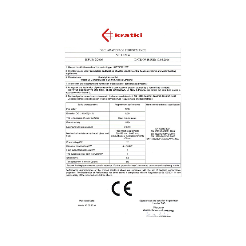 Kratki LUCY PW 12 W Ενεργειακό Τζάκι Ξύλου Καλοριφέρ 12kW Ίσιο με Ανοιγόμενη Πόρτα CE