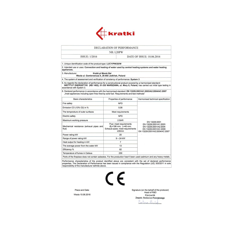 Kratki LUCY PW 20 W Ενεργειακό Τζάκι Ξύλου Καλοριφέρ 20kW Ίσιο με Ανοιγόμενη Πόρτα CE