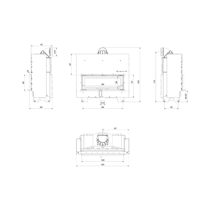 Kratki MB 100 G BLACK Ενεργειακό Τζάκι Ξύλου Αερόθερμο 14kw Ίσιο από Χάλυβα με Συρόμενη Πόρτα Τεχνικό Σχέδιο