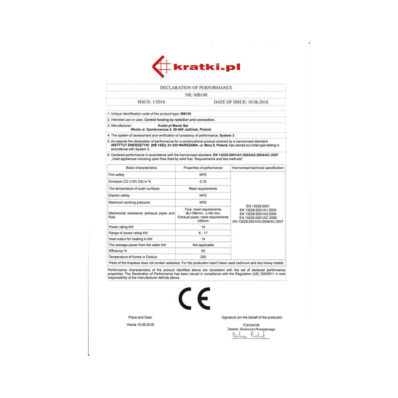 Kratki MB 100 G Ενεργειακό Τζάκι Ξύλου Αερόθερμο 14kw Ίσιο από Χάλυβα με Συρόμενη Πόρτα CE