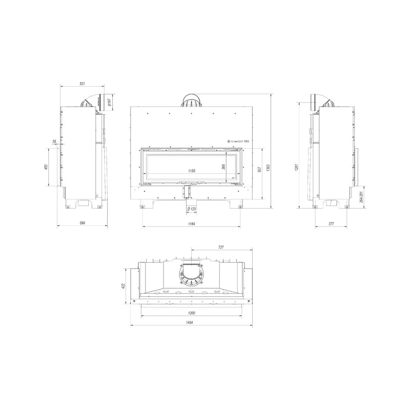 Kratki MB 120 G Ενεργειακό Τζάκι Ξύλου Αερόθερμο 20kw Ίσιο από Χάλυβα με Συρόμενη Πόρτα Τεχνικό Σχέδιο