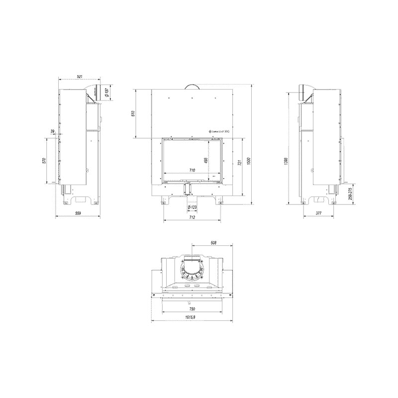 Kratki MBA G BLACK Ενεργειακό Τζάκι Ξύλου Αερόθερμο 17kw Ίσιο από Χάλυβα με Συρόμενη Πόρτα Τεχνικό Σχέδιο