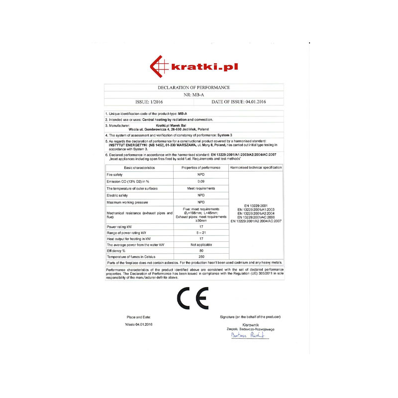 Kratki MBA G Ενεργειακό Τζάκι Ξύλου Αερόθερμο 17kw Ίσιο από Χάλυβα με Συρόμενη Πόρτα CE