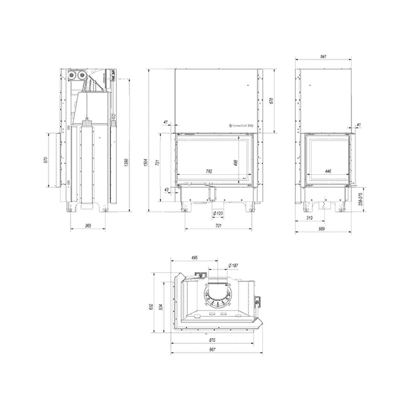 Kratki MBA L BS G BLACK Ενεργειακό Τζάκι Ξύλου Αερόθερμο 17kw Αριστερή Γωνία από Χάλυβα με Συρόμενη Πόρτα Τεχνικό Σχέδιο