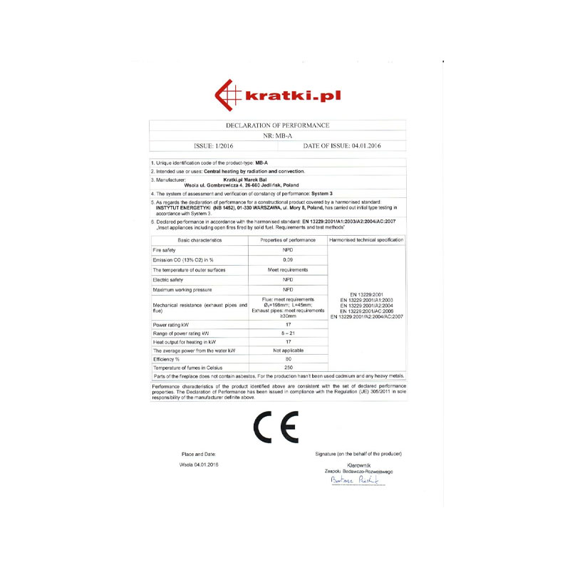 Kratki MBA P BS Ενεργειακό Τζάκι Ξύλου Αερόθερμο 17kw Δεξιά Γωνία από Χάλυβα με Ανοιγόμενη Πόρτα CE