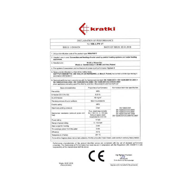 Kratki MBA PW 17 W Ενεργειακό Τζάκι Ξύλου Καλοριφέρ 17kW Ίσιο με Ανοιγόμενη Πόρτα CE