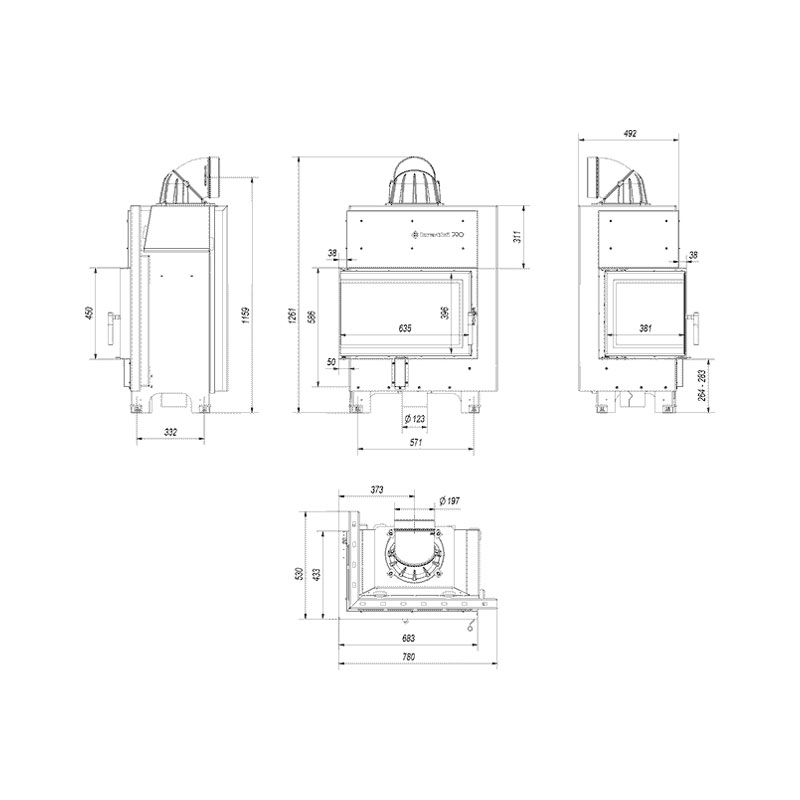 Kratki MBM L BS BLACK Ενεργειακό Τζάκι Ξύλου Αερόθερμο 10kw Αριστερή Γωνία από Χάλυβα με Ανοιγόμενη Πόρτα Τεχνικό Σχέδιο