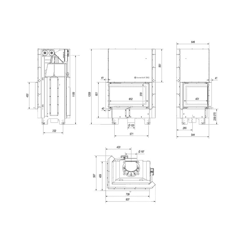 Kratki MBM L BS G BLACK Ενεργειακό Τζάκι Ξύλου Αερόθερμο 10kw Αριστερή Γωνία από Χάλυβα με Συρόμενη Πόρτα Τεχνικό Σχέδιο