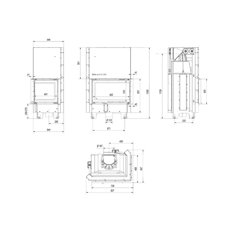 Kratki MBM P BS G BLACK Ενεργειακό Τζάκι Ξύλου Αερόθερμο 10kw Δεξιά Γωνία από Χάλυβα με Συρόμενη Πόρτα