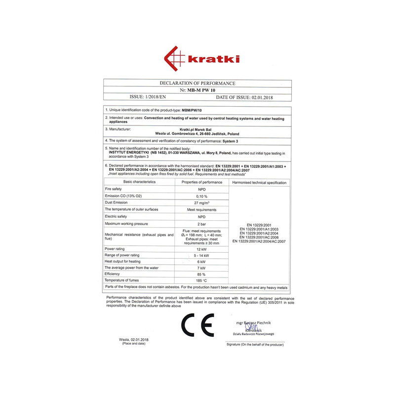 Kratki MBM PW 10 G W Ενεργειακό Τζάκι Ξύλου Καλοριφέρ 12kW με Συρόμενη Πόρτα CE