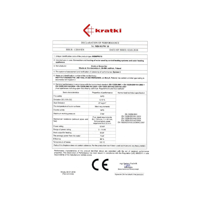 Kratki MBM PW 10 P BS W Ενεργειακό Τζάκι Ξύλου Καλοριφέρ 12kW Δεξιά Γωνία με Ανοιγόμενη Πόρτα CE