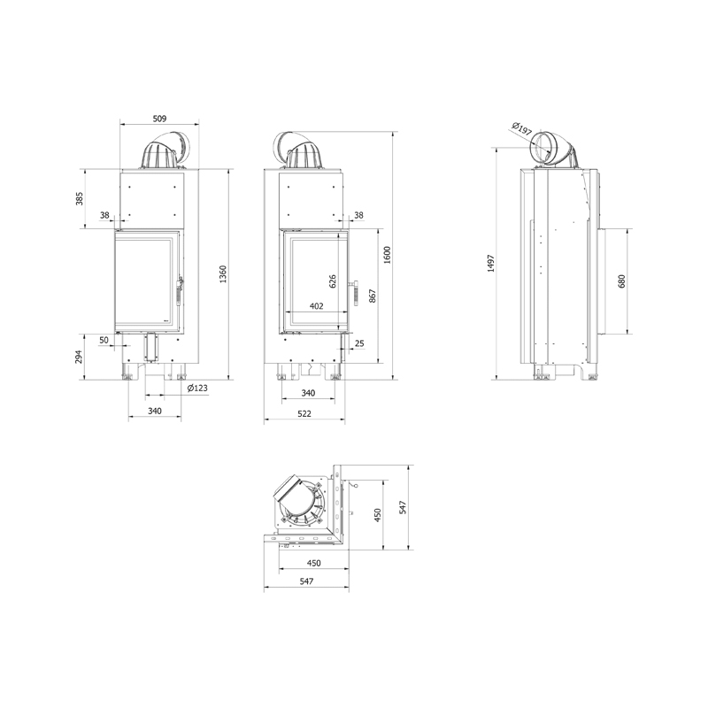 Kratki MBN 680 L BS Ενεργειακό Τζάκι Ξύλου Αερόθερμο 10kw Αριστερή Γωνία από Χάλυβα με Ανοιγόμενη Πόρτα Τεχνικό Σχέδιο