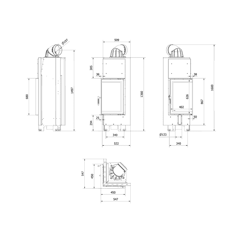 Kratki MBN 680 P BS Ενεργειακό Τζάκι Ξύλου Αερόθερμο 10kw Δεξία Γωνία από Χάλυβα με Ανοιγόμενη Πόρτα Τεχνικό Σχέδιο