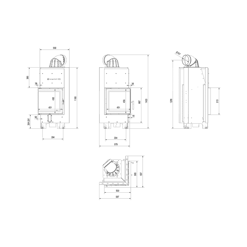 Kratki MBN L BS BLACK Ενεργειακό Τζάκι Ξύλου Αερόθερμο 8kw Αριστερή Γωνία από Χάλυβα με Ανοιγόμενη Πόρτα Τεχνικό Σχέδιο