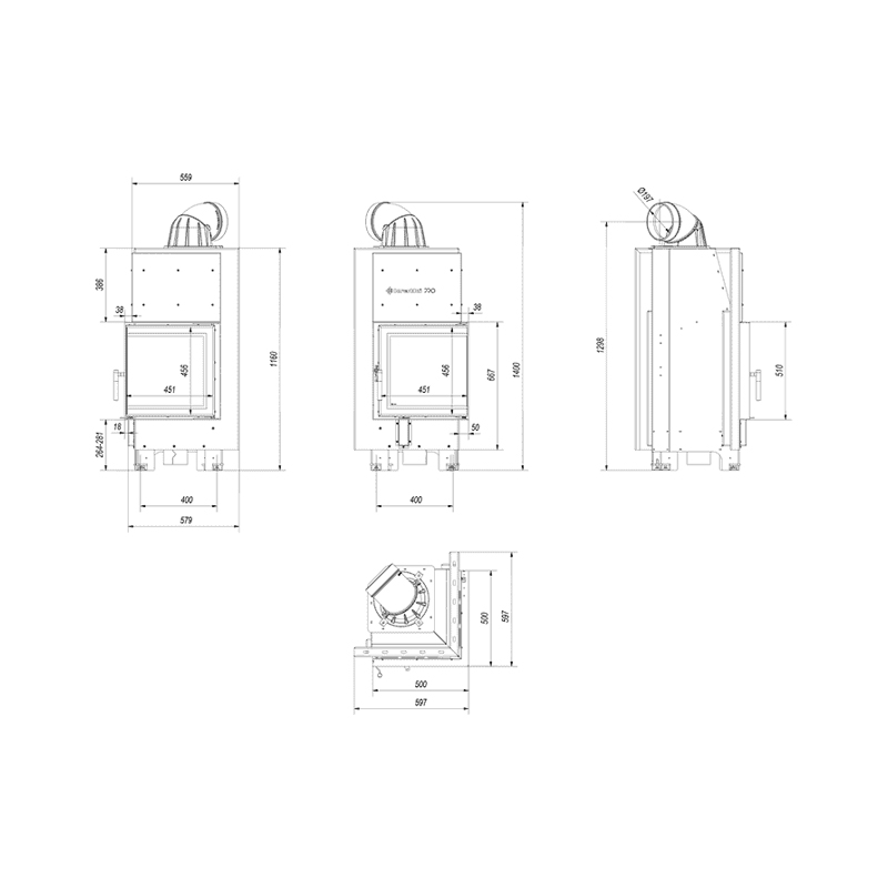 Kratki MBN P BS BLACK Ενεργειακό Τζάκι Ξύλου Αερόθερμο 8kw Δεξιά Γωνία από Χάλυβα με Ανοιγόμενη Πόρτα Τεχνικό Σχέδιο