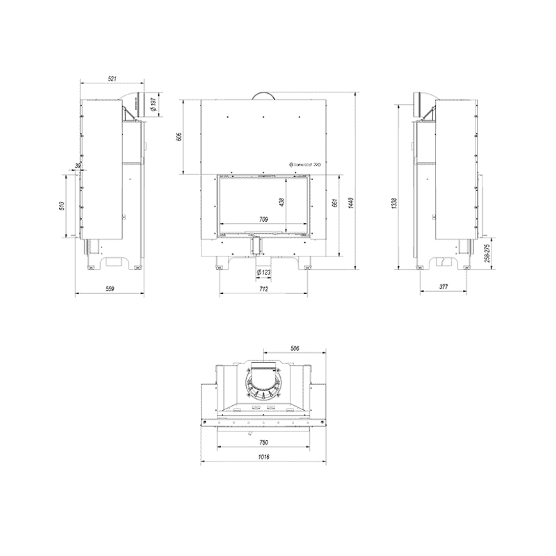 Kratki MBO G BLACK Ενεργειακό Τζάκι Ξύλου Αερόθερμο 15kw Ίσιο από Χάλυβα με Συρόμενη Πόρτα Τεχνικό Σχέδιο