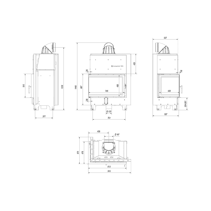 Kratki MBO L BS BLACK Ενεργειακό Τζάκι Ξύλου Αερόθερμο 15kw Αριστερή Γωνία από Χάλυβα με Ανοιγόμενη Πόρτα Επένδυση Μαύρα Κεραμικά TERMOTEC Τεχνικό Σχέδιο