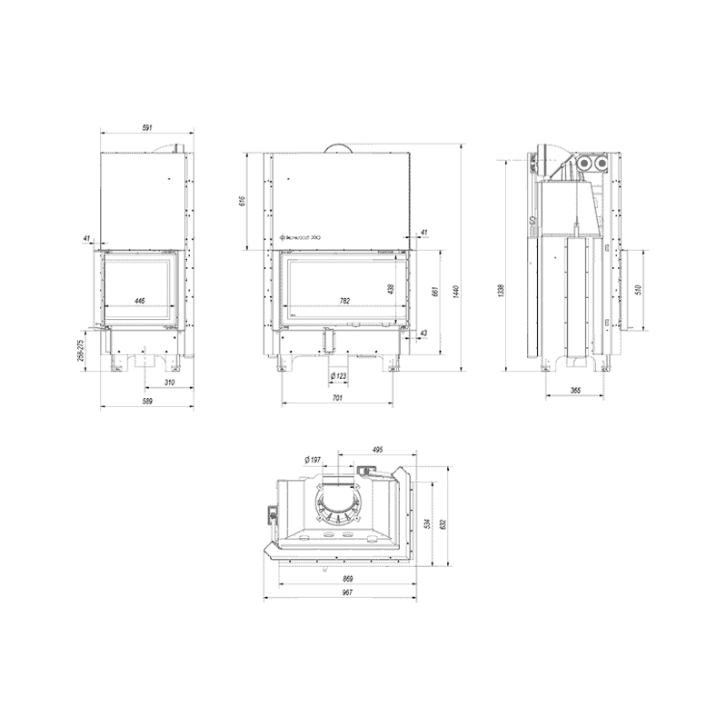 Kratki MBO P BS G BLACK Ενεργειακό Τζάκι Ξύλου Αερόθερμο 15kw Δεξιά Γωνία από Χάλυβα με Συρόμενη Πόρτα Τεχνικό Σχέδιο