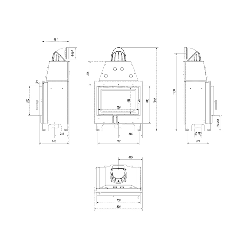 Kratki MBO PF BLACK Ενεργειακό Τζάκι Ξύλου Αερόθερμο 15kw Ίσιο από Χάλυβα με Ανοιγόμενη Πόρτα Τεχνικό Σχέδιο