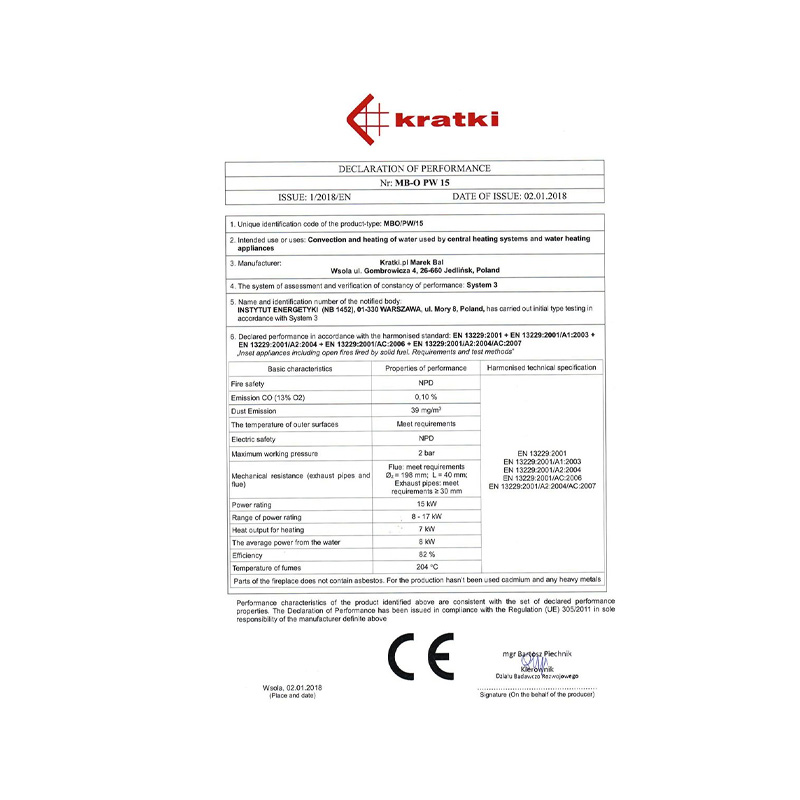 Kratki MBO PW 15 W Ενεργειακό Τζάκι Ξύλου Καλοριφέρ 15kW Ίσιο με Ανοιγόμενη Πόρτα CE