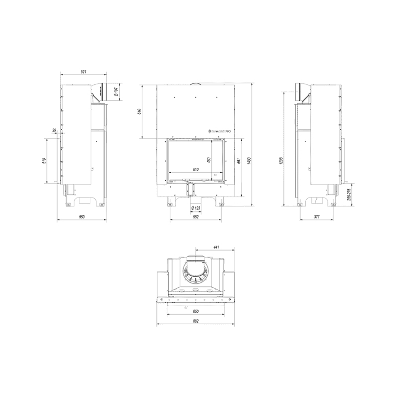 Kratki MBZ G BLACK Ενεργειακό Τζάκι Ξύλου Αερόθερμο 13kw Ίσιο από Χάλυβα με Συρόμενη Πόρτα Τεχνικό Σχέδιο