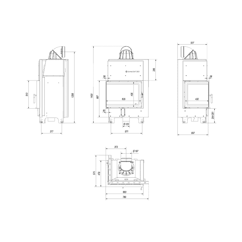 Kratki MBZ L BS BLACK Ενεργειακό Τζάκι Ξύλου Αερόθερμο 13kw Αριστερή Γωνία από Χάλυβα με Ανοιγόμενη Πόρτα Επένδυση Τεχνικό Σχέδιο