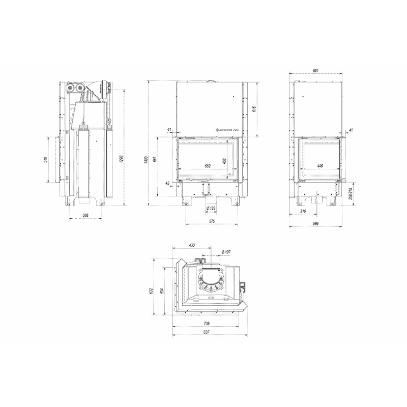 Kratki MBZ L BS G BLACK Ενεργειακό Τζάκι Ξύλου Αερόθερμο 13kw Αριστερή Γωνία από Χάλυβα με Συρόμενη Πόρτα Τεχνικό Σχέδιο