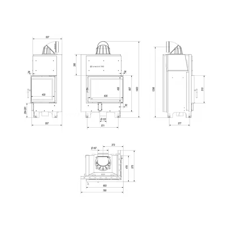 Kratki MBZ P BS BLACK Ενεργειακό Τζάκι Ξύλου Αερόθερμο 13kw Δεξιά Γωνία από Χάλυβα με Ανοιγόμενη Πόρτα Τεχνικό Σχέδιο