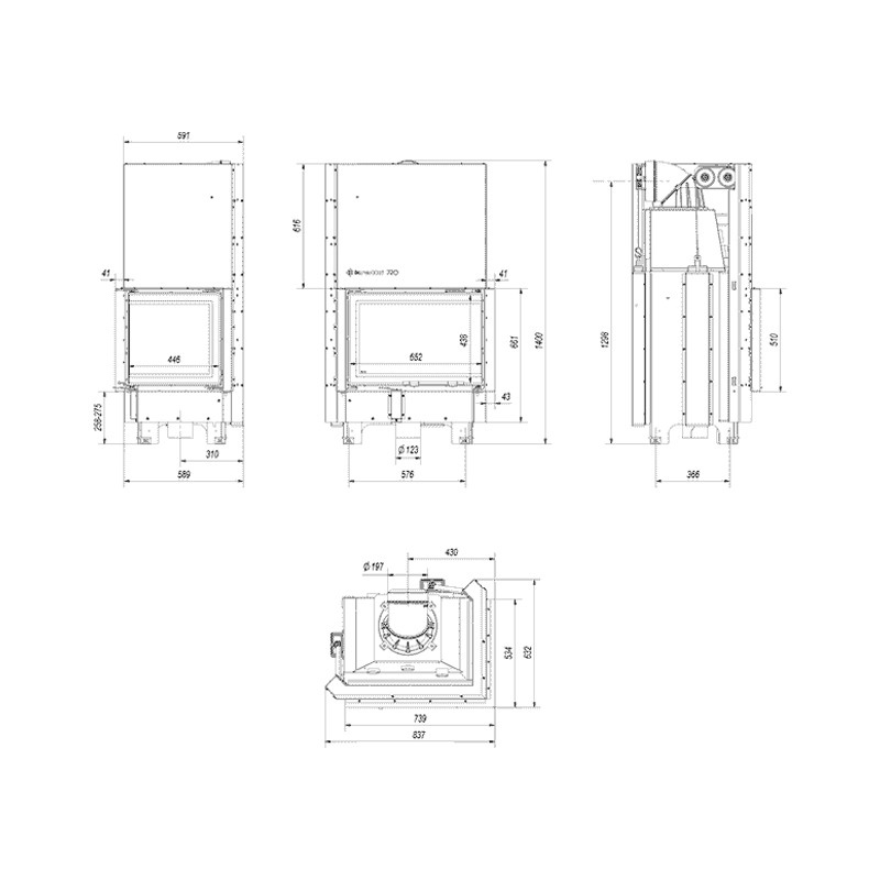 Kratki MBZ P BS G BLACK Ενεργειακό Τζάκι Ξύλου Αερόθερμο 13kw Δεξιά Γωνία από Χάλυβα με Συρόμενη Πόρτα Τεχνικό Σχέδιο