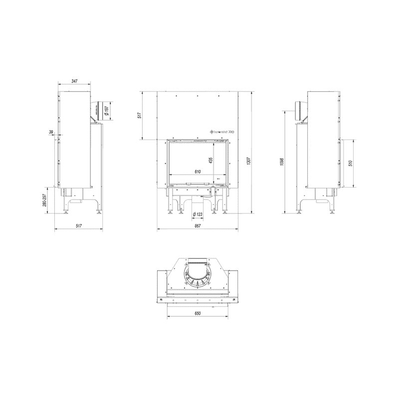 Kratki NADIA 10 G BLACK Ενεργειακό Τζάκι Ξύλου Αερόθερμο 10kw Ίσιο από Χάλυβα με Ανοιγόμενη Πόρτα Τεχνικό Σχέδιο