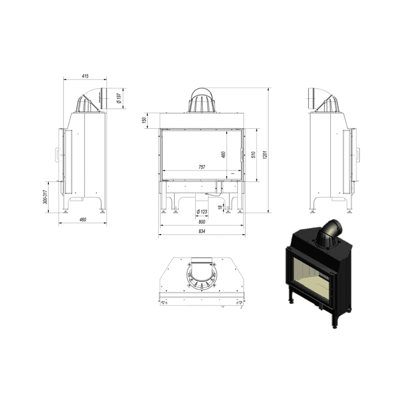 Kratki NADIA 12 BLACK Ενεργειακό Τζάκι Ξύλου Αερόθερμο 12kw Ίσιο από Χάλυβα με Ανοιγόμενη Πόρτα Τεχνικό Σχέδιο