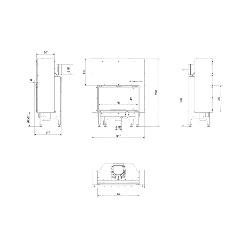 Kratki NADIA 12 G BLACK Ενεργειακό Τζάκι Ξύλου Αερόθερμο 12kw Ίσιο από Χάλυβα με Συρόμενη Πόρτα Επένδυση Τεχνικό Σχέδιο