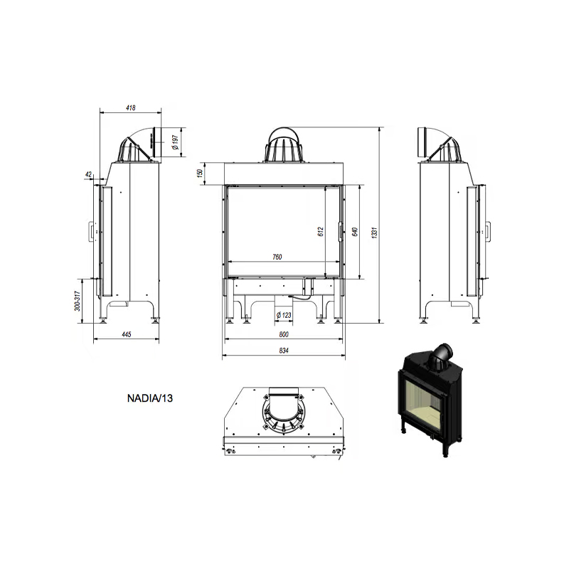 Kratki NADIA 13 BLACK Ενεργειακό Τζάκι Ξύλου Αερόθερμο 13kw Ίσιο από Χάλυβα με Ανοιγόμενη Πόρτα Τεχνικό Σχέδιο