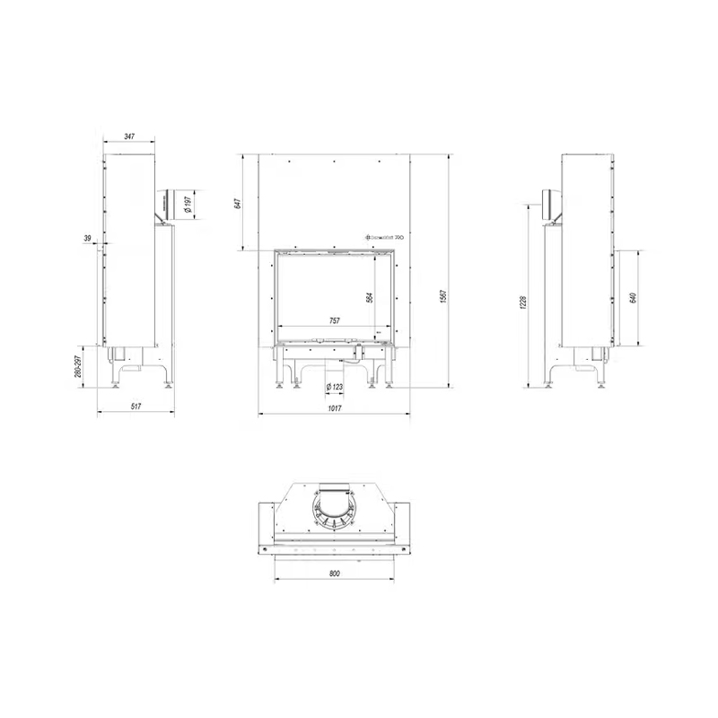 Kratki NADIA 13 G BLACK Ενεργειακό Τζάκι Ξύλου Αερόθερμο 13kw Ίσιο από Χάλυβα με Συρόμενη Πόρτα Τεχνικό Σχέδιο