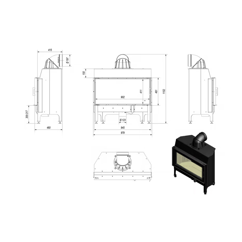 Kratki NADIA 14 BLACK Ενεργειακό Τζάκι Ξύλου Αερόθερμο 14kw Ίσιο από Χάλυβα με Ανοιγόμενη Πόρτα Τεχνικό Σχέδιο