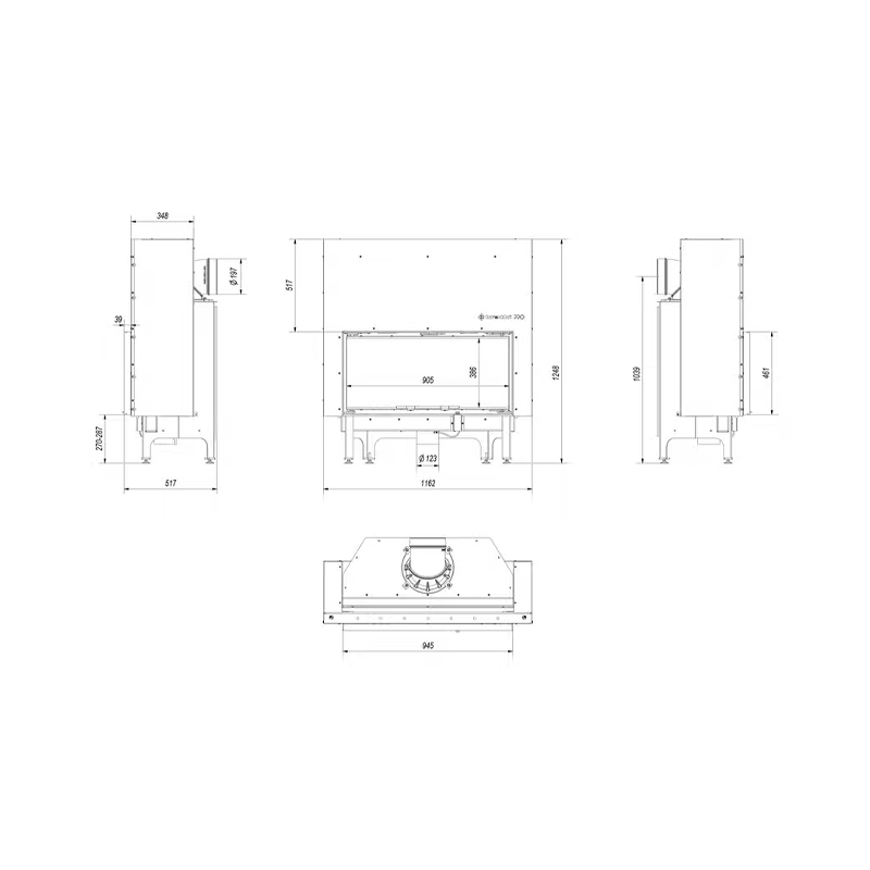 Kratki NADIA 14 G BLACK Ενεργειακό Τζάκι Ξύλου Αερόθερμο 14kw Ίσιο από Χάλυβα με Συρόμενη Πόρτα Τεχνικό Σχέδιο