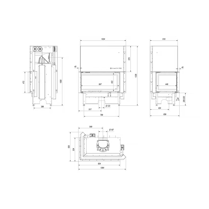 Kratki NADIA 14 L BS G BLACK Ενεργειακό Τζάκι Ξύλου Αερόθερμο 14kw Αριστερή Γωνία από Χάλυβα με Συρόμενη Πόρτα Τεχνικό Σχέδιο