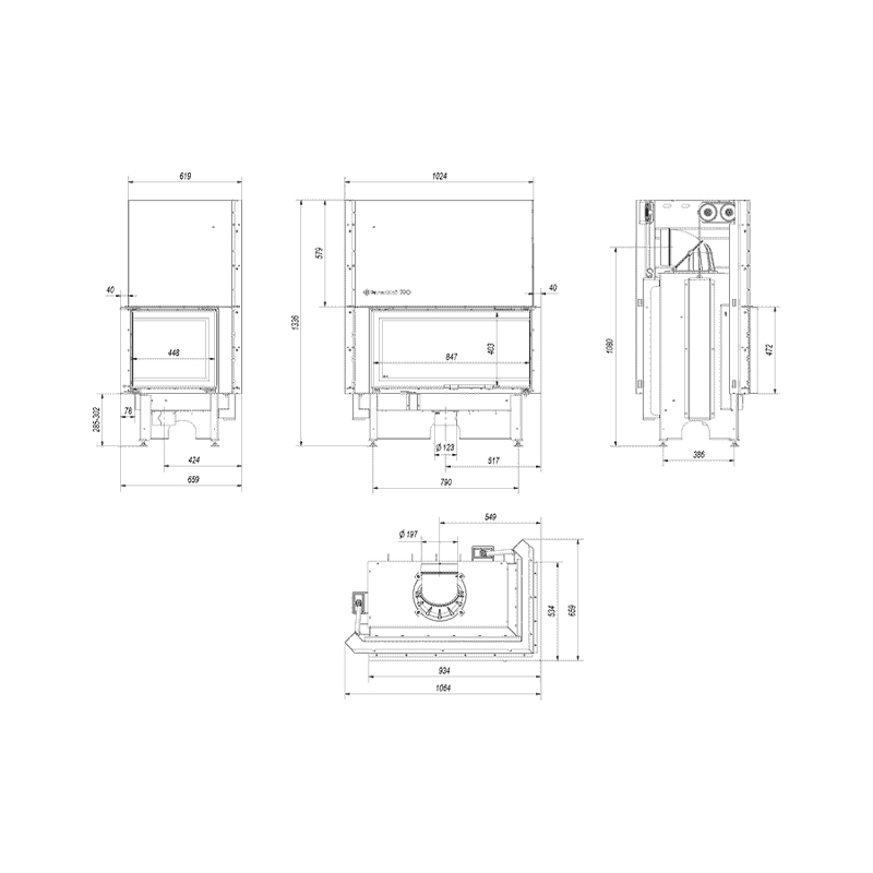 Kratki NADIA 14 P BS G BLACK Ενεργειακό Τζάκι Ξύλου Αερόθερμο 14kw Δεξιά Γωνία από Χάλυβα με Συρόμενη Πόρτα Τεχνικό Σχέδιο