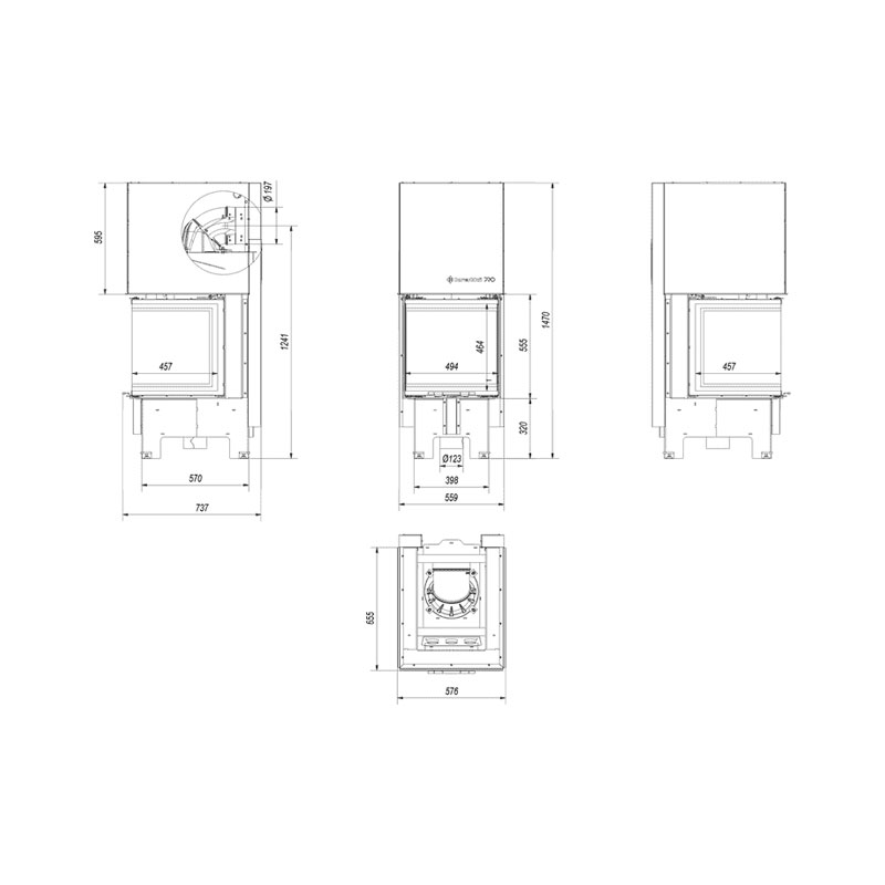 Kratki NBC 500 500 BLACK Ενεργειακό Τζάκι Ξύλου Αερόθερμο 8kw Τριών Όψεων από Χάλυβα με Συρόμενη Πόρτα Τεχνικό Σχέδιο