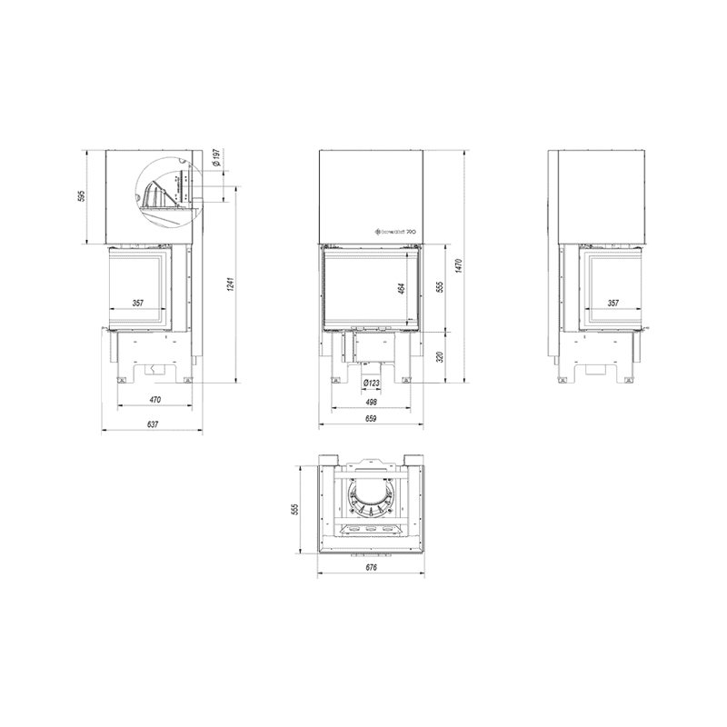 Kratki NBC 600 400 BLACK Ενεργειακό Τζάκι Ξύλου Αερόθερμο 9kw Τριών Όψεων από Χάλυβα με Συρόμενη Πόρτα Τεχνικό Σχέδιο