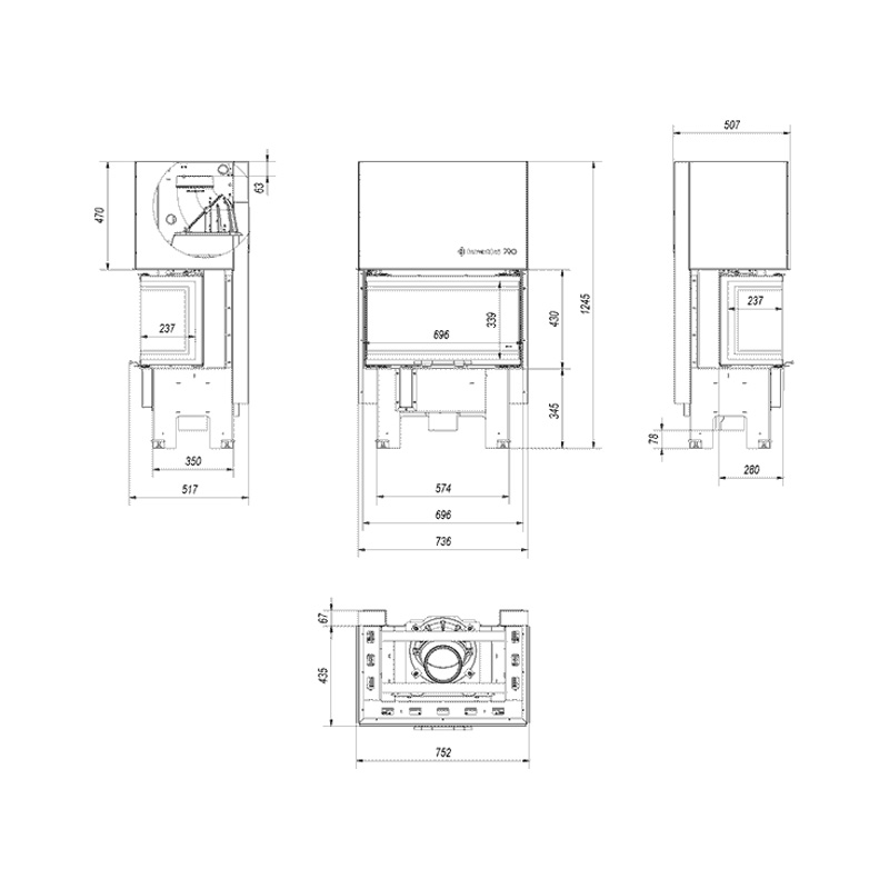 Kratki NBC 680 280 BLACK Ενεργειακό Τζάκι Ξύλου Αερόθερμο 7kw Τριών Όψεων από Χάλυβα με Συρόμενη Πόρτα Τεχνικό Σχέδιο