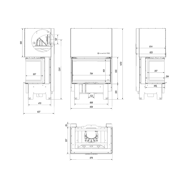 Kratki NBC 800 400 BLACK Ενεργειακό Τζάκι Ξύλου Αερόθερμο 10kw Τριών Όψεων από Χάλυβα με Συρόμενη Πόρτα Τεχνικό Σχέδιο