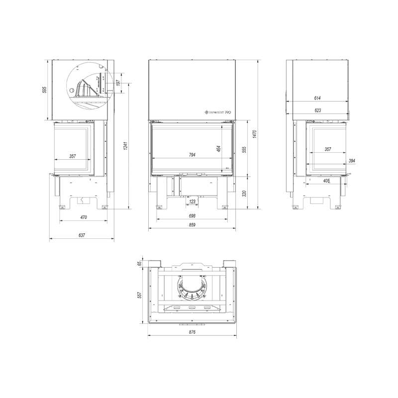 Kratki NBC 800 400 Ενεργειακό Τζάκι Ξύλου Αερόθερμο 10kw Τριών Όψεων από Χάλυβα με Συρόμενη πόρτα Τεχνικό Σχέδιο