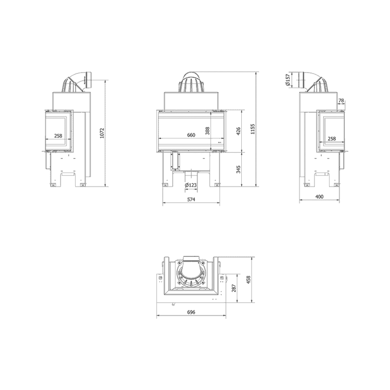 Kratki NBC BSL P 680 280 Ενεργειακό Τζάκι Ξύλου Αερόθερμο 7kw Τριών Όψεων από Χάλυβα με Ανοιγόμενη Πόρτα Τεχνικό Σχέδιο