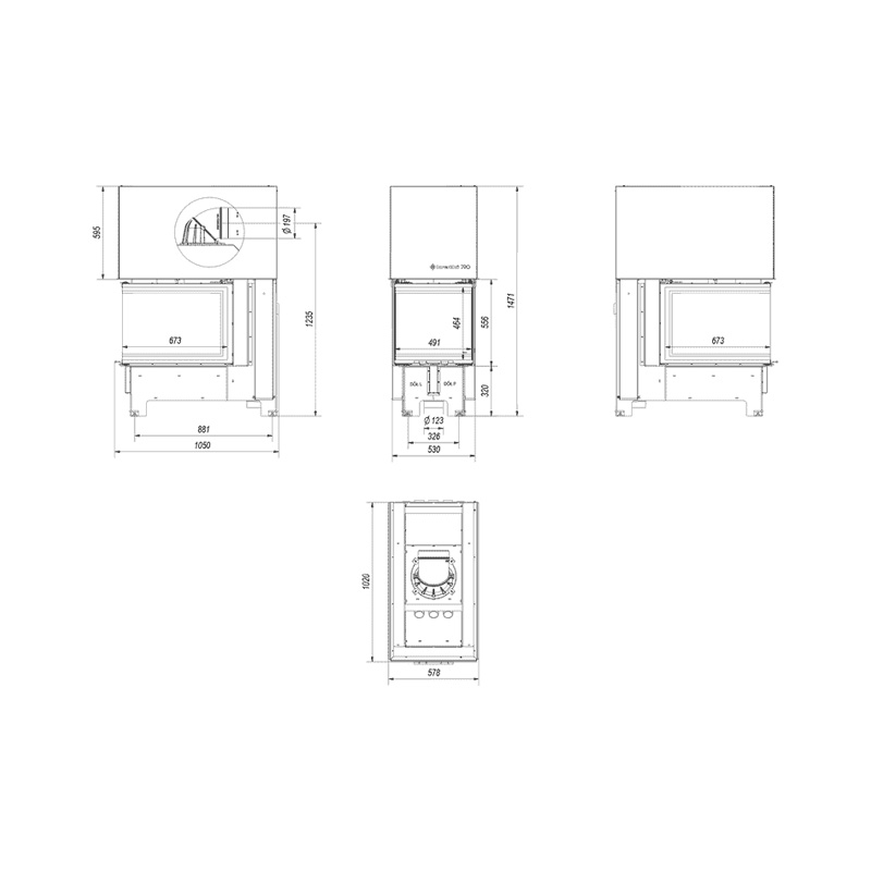 Kratki NBU 500 700 BLACK Ενεργειακό Τζάκι Ξύλου Αερόθερμο 11kw Τριών Όψεων από Χάλυβα με Συρόμενη Πόρτα Τεχνικό Σχέδιο